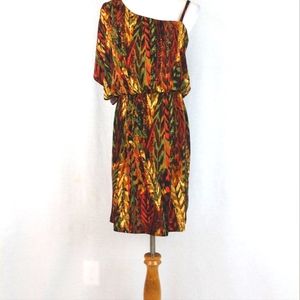 Vintage Emma & Michele Orange & Brown One Shoulder Draped Jersey Dress Y2k S